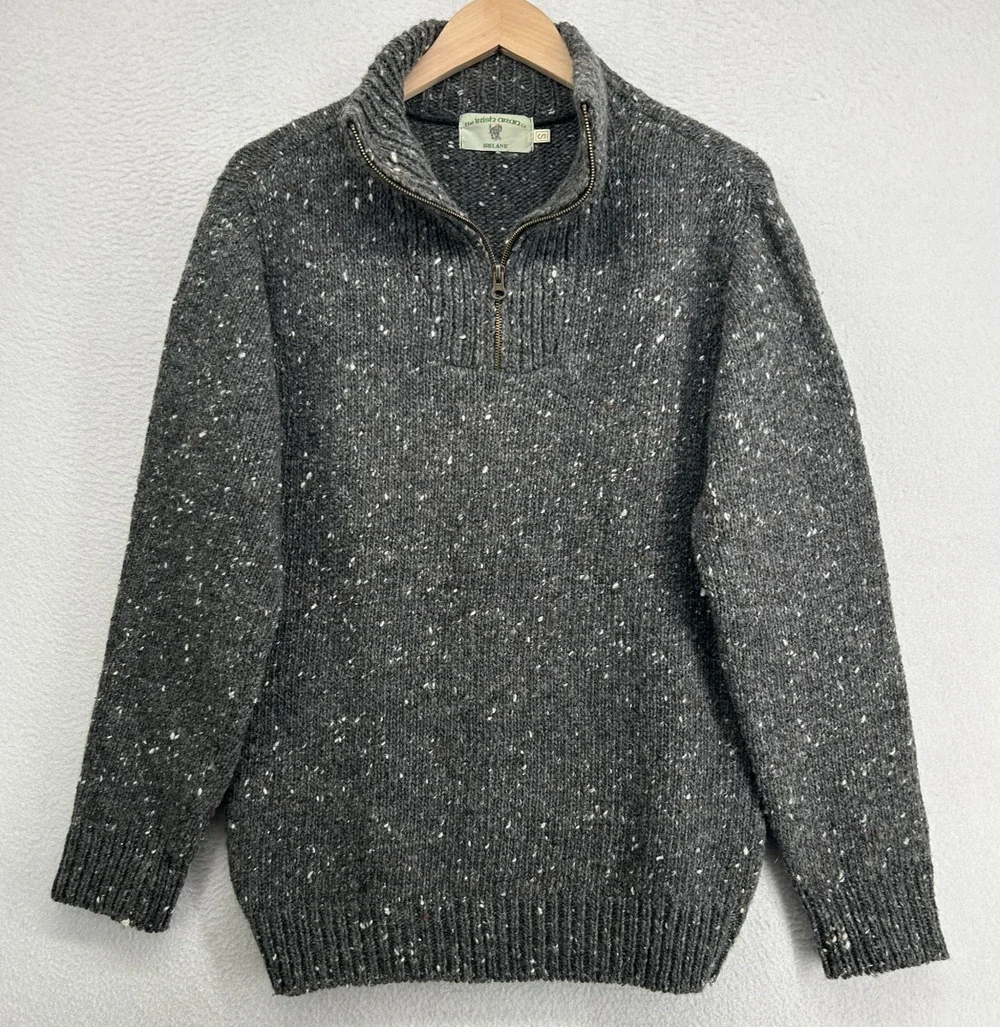ARAN Sweater Mens S Irish Speckled 100% Merino Wool 1/4 Zip Pullover Jumper Gray